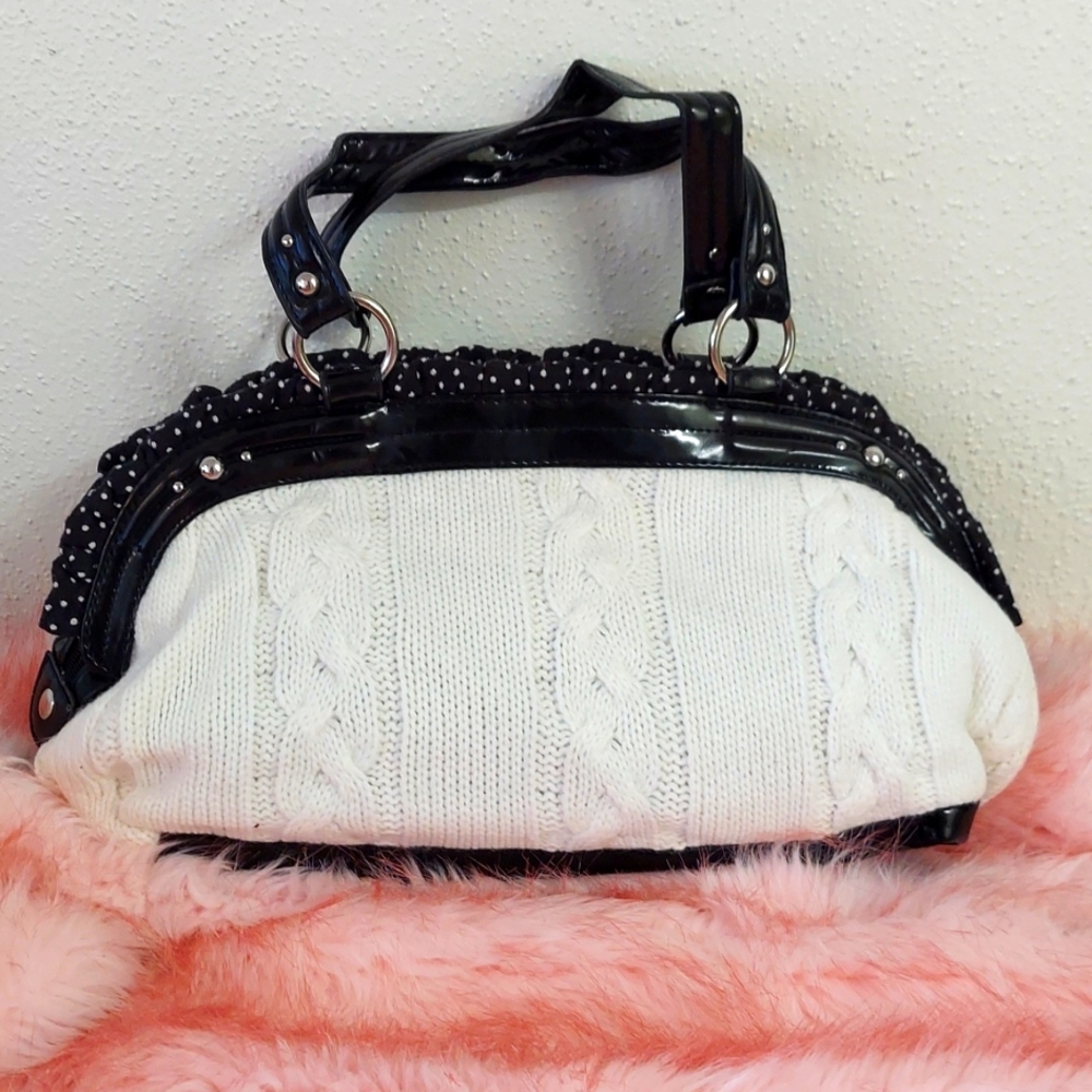 Ivory Cable Knit & Black Polka Dot Purse